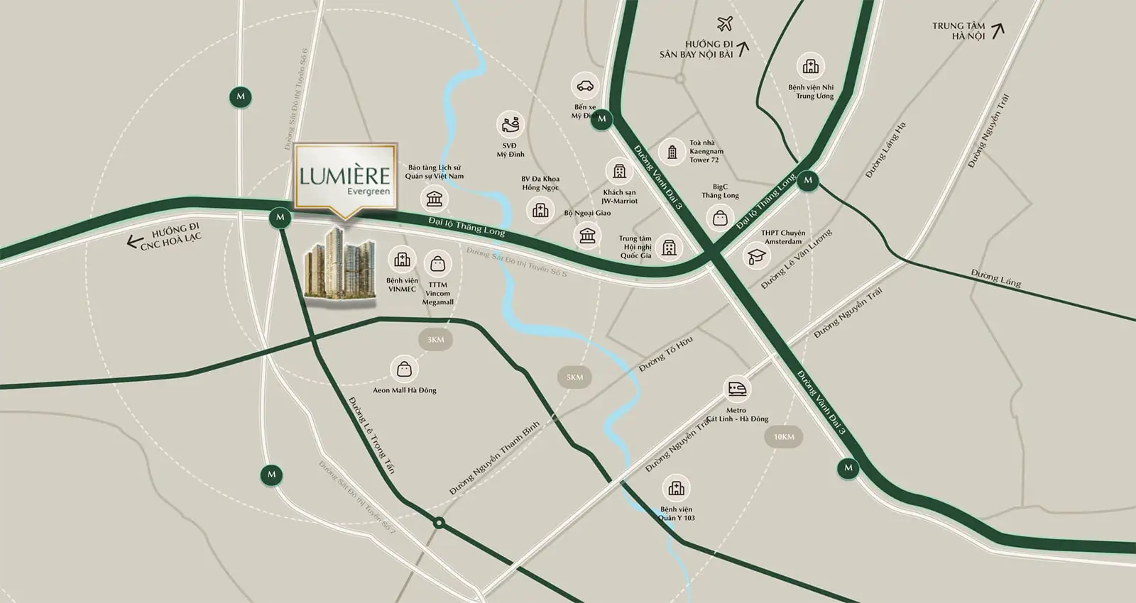 Vị trí kết nối các tiện ích vùng của Lumiere Evergreen Vinhomes Smart City Tây Mỗ Hà Nội