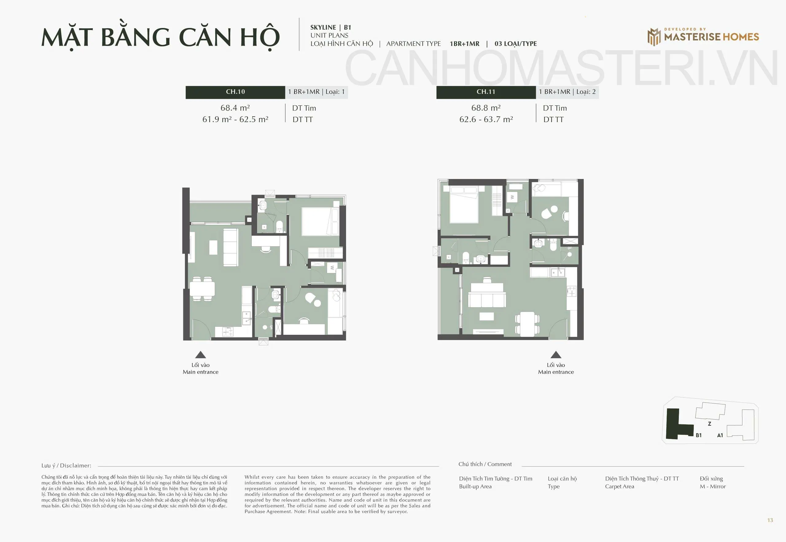 Mặt bằng căn hộ 1 Phòng Ngủ + 1 1BR+1 Loại 1 Tòa B1 Skyline Lumiere Prime Hills