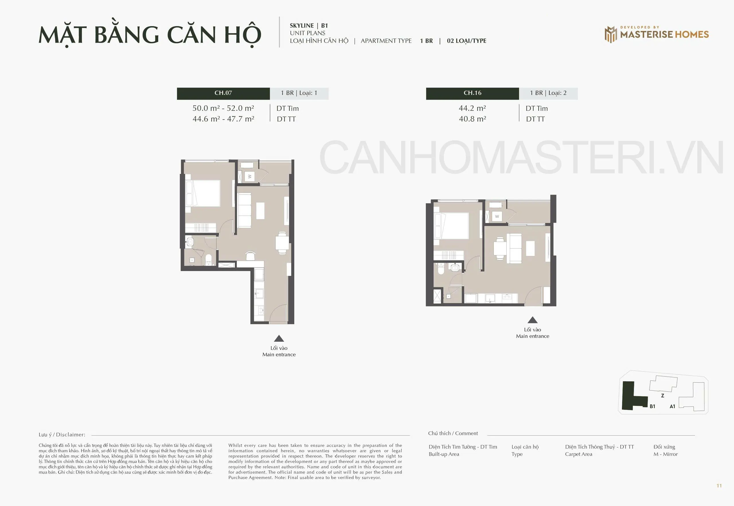 Mặt bằng căn hộ 1 Phòng Ngủ 1BR Tòa B1 Skyline Lumiere Prime Hills