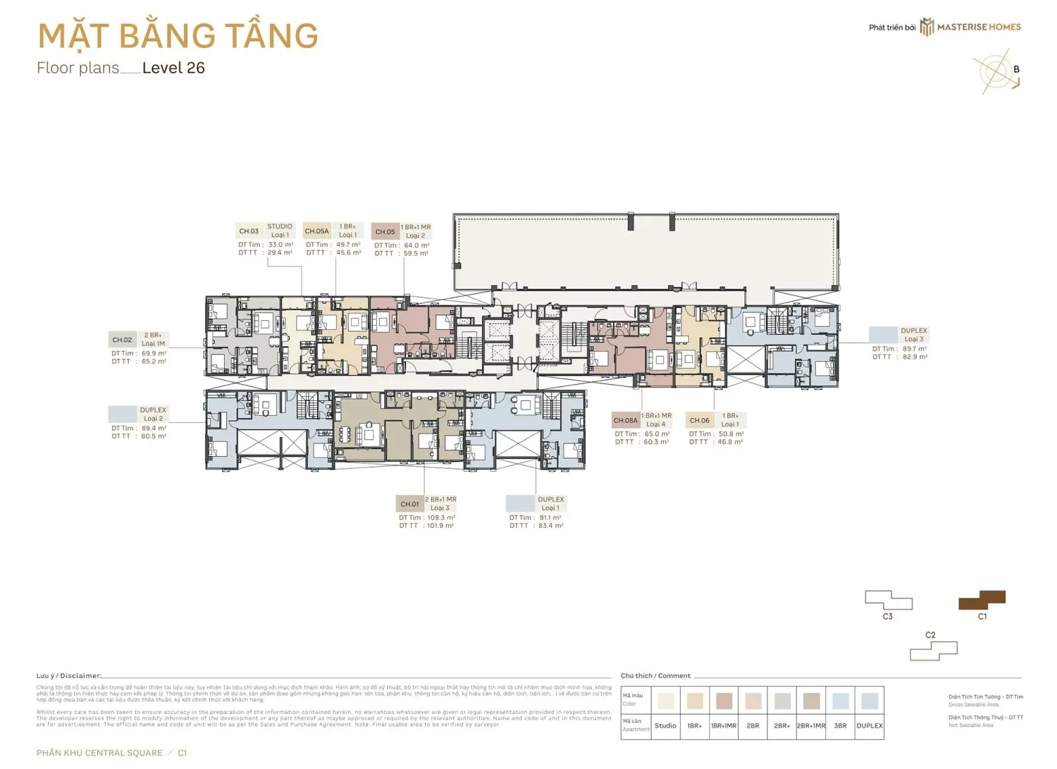 Mặt bằng căn hộ Tầng 26 Toà C1 Phân Khu Central Square Masteri Trinity Square
