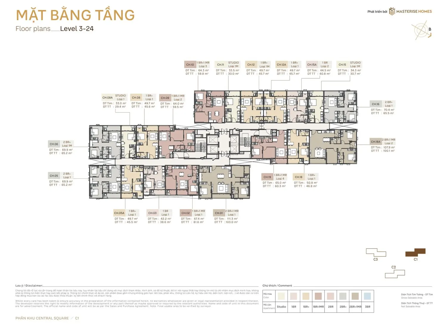 Mặt bằng căn hộ Tầng 3-24 Toà C1 Phân Khu Central Square Masteri Trinity Square
