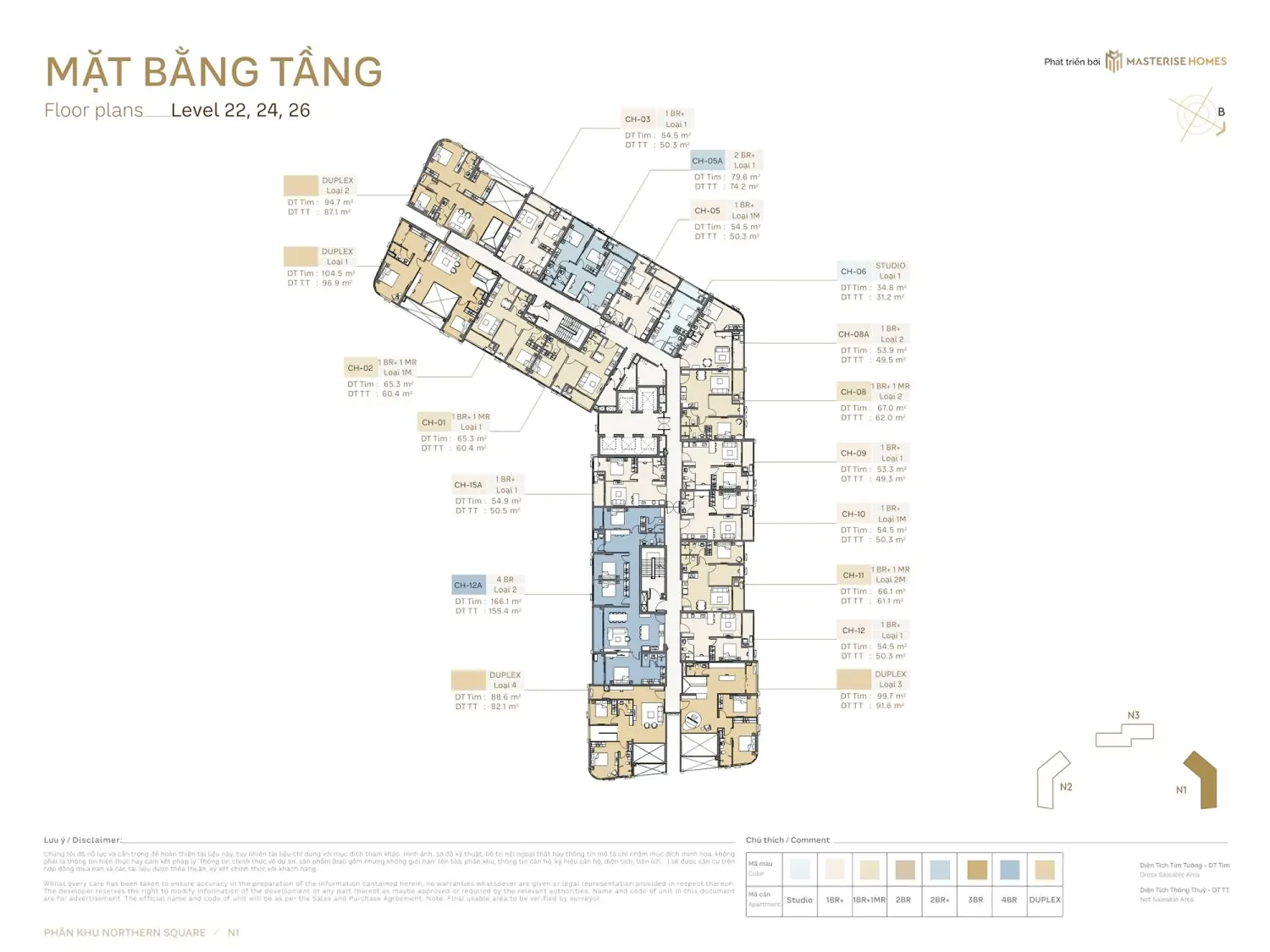 Mặt bằng căn hộ Tòa N1 Tầng 22-24-26 Northern Square Masteri Trinity Square