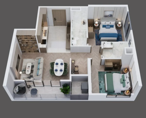 Mặt bằng thiết kế căn hộ 2 Phòng ngủ Lumiere Nguyễn Trãi Masterise Homes
