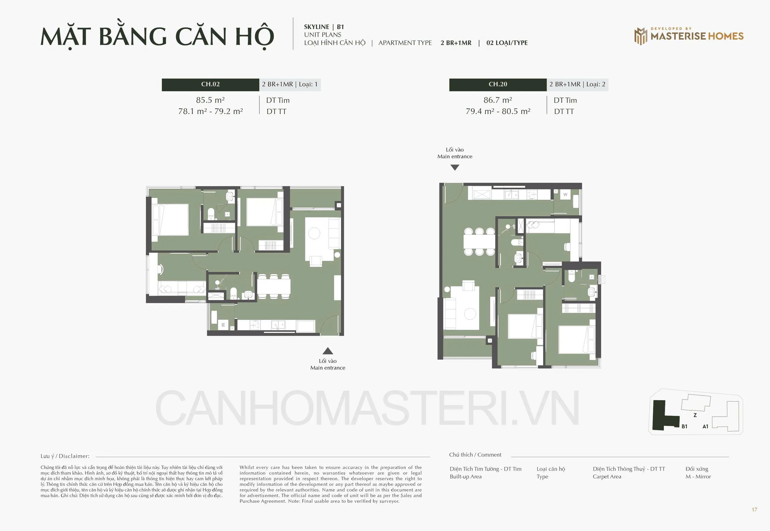 Mặt bằng căn hộ 2 Phòng Ngủ + 1 2BR+1 Tòa B1 Skyline Lumiere Prime Hills