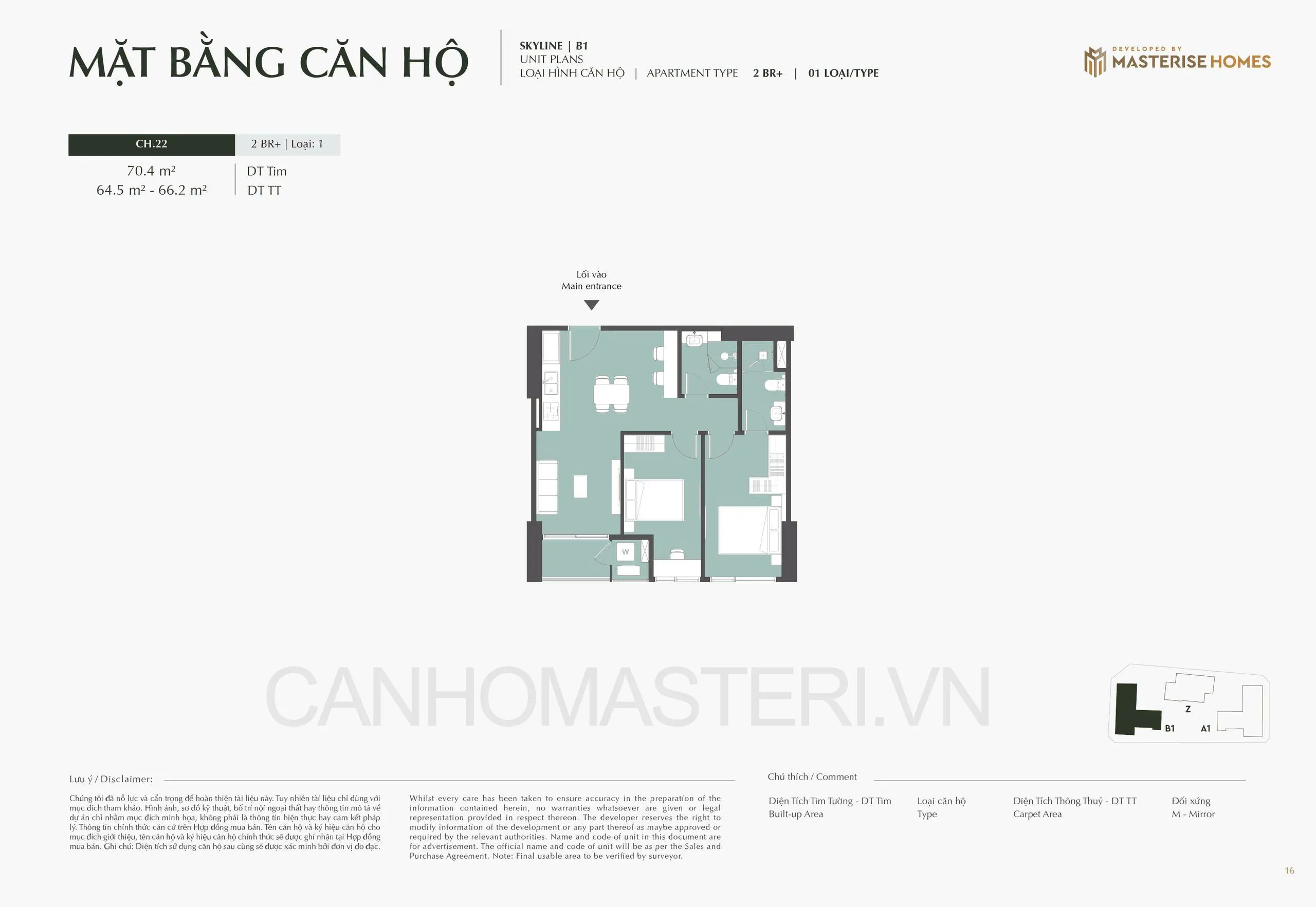 Mặt bằng căn hộ 2 Phòng Ngủ + 2BR+ Tòa B1 Skyline Lumiere Prime Hills
