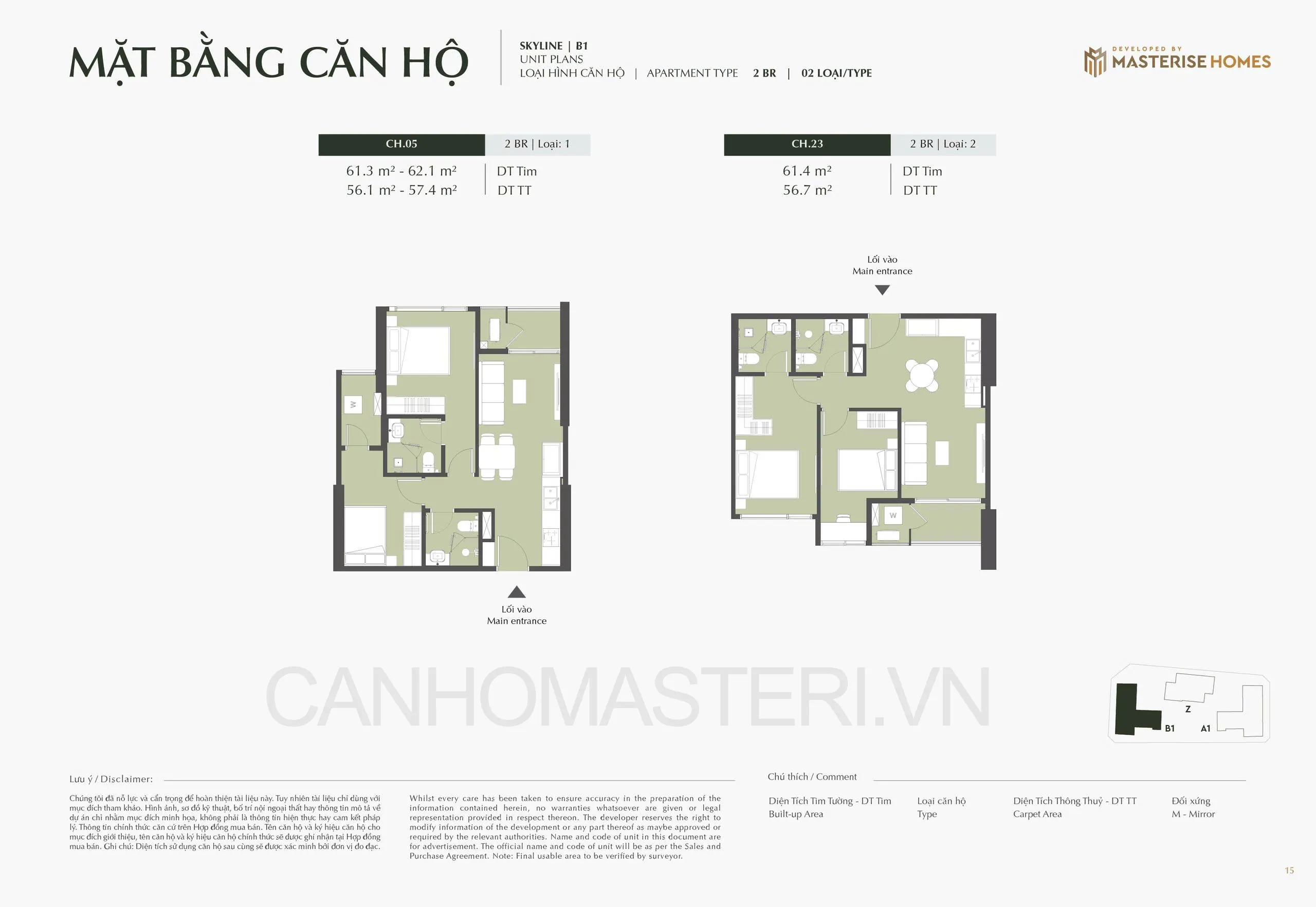 Mặt bằng căn hộ 2 Phòng Ngủ 2BR loại 2 Tòa B1 Skyline Lumiere Prime Hills