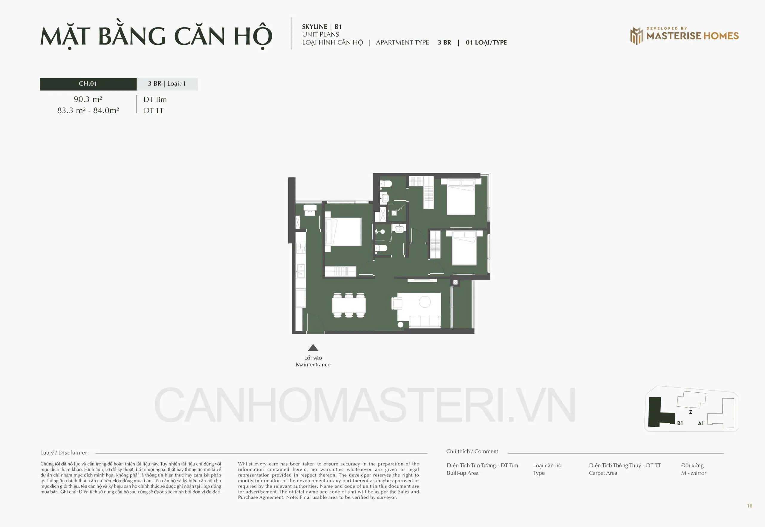 Mặt bằng căn hộ 3 Phòng Ngủ 3BR Tòa B1 Skyline Lumiere Prime Hills