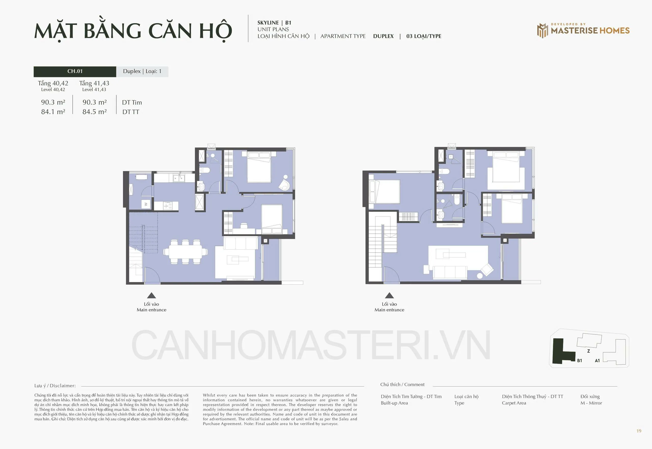 Mặt bằng căn hộ Duplex Loại 1 Tòa B1 Skyline Lumiere Prime Hills