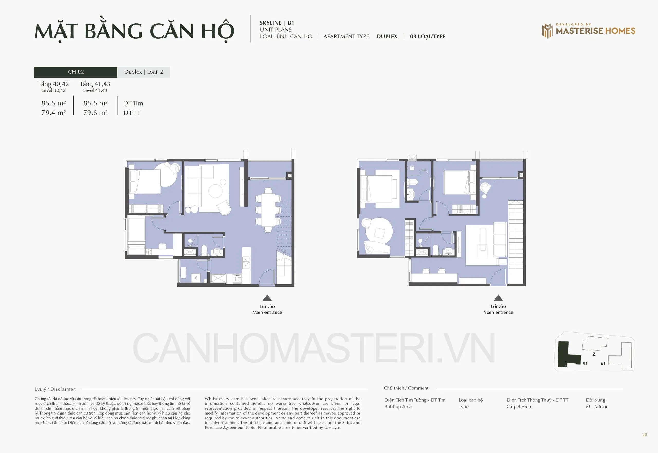 Mặt bằng căn hộ Duplex Loại 2 Tòa B1 Skyline Lumiere Prime Hills