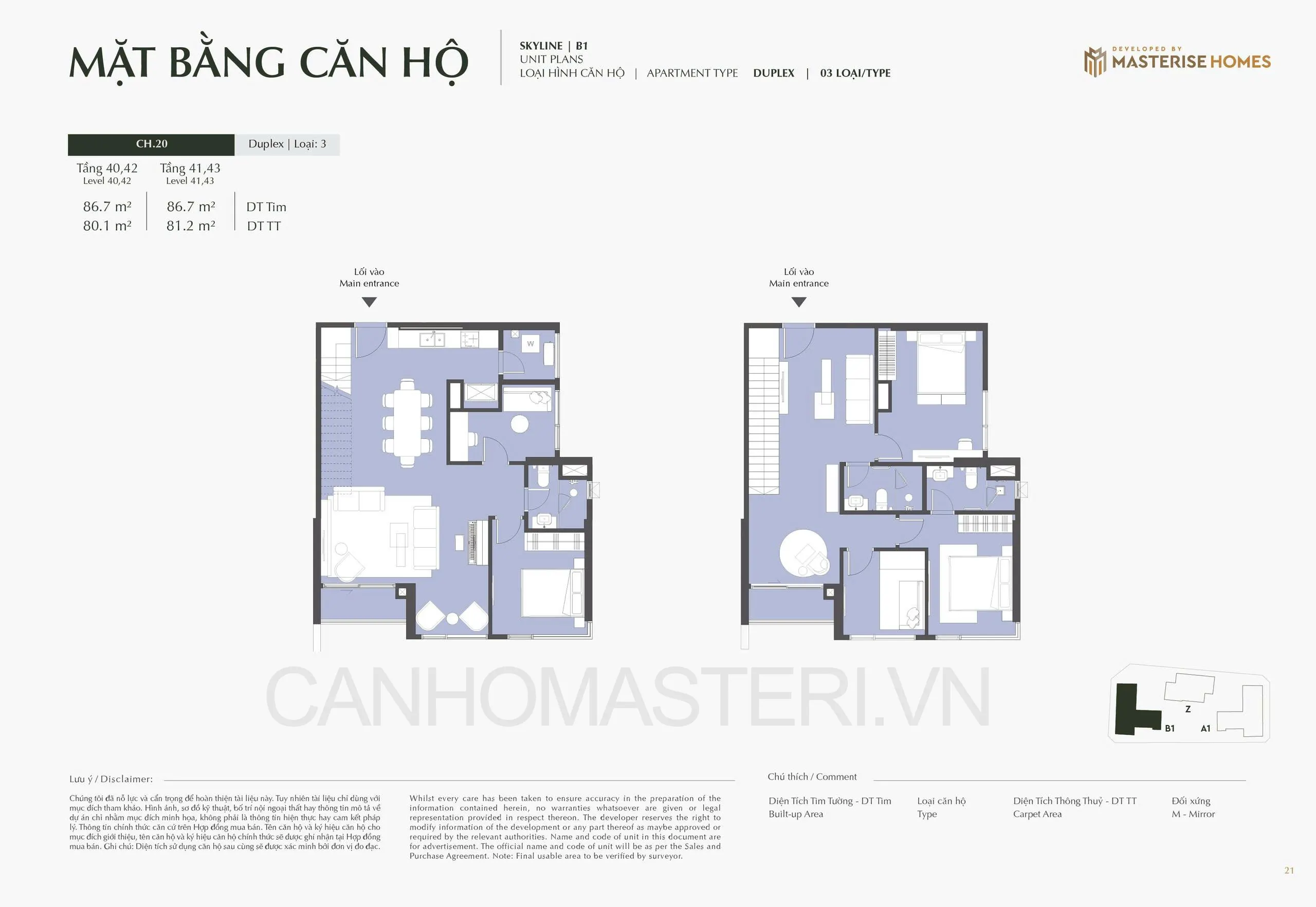 Mặt bằng căn hộ Duplex Loại 3 Tòa B1 Skyline Lumiere Prime Hills