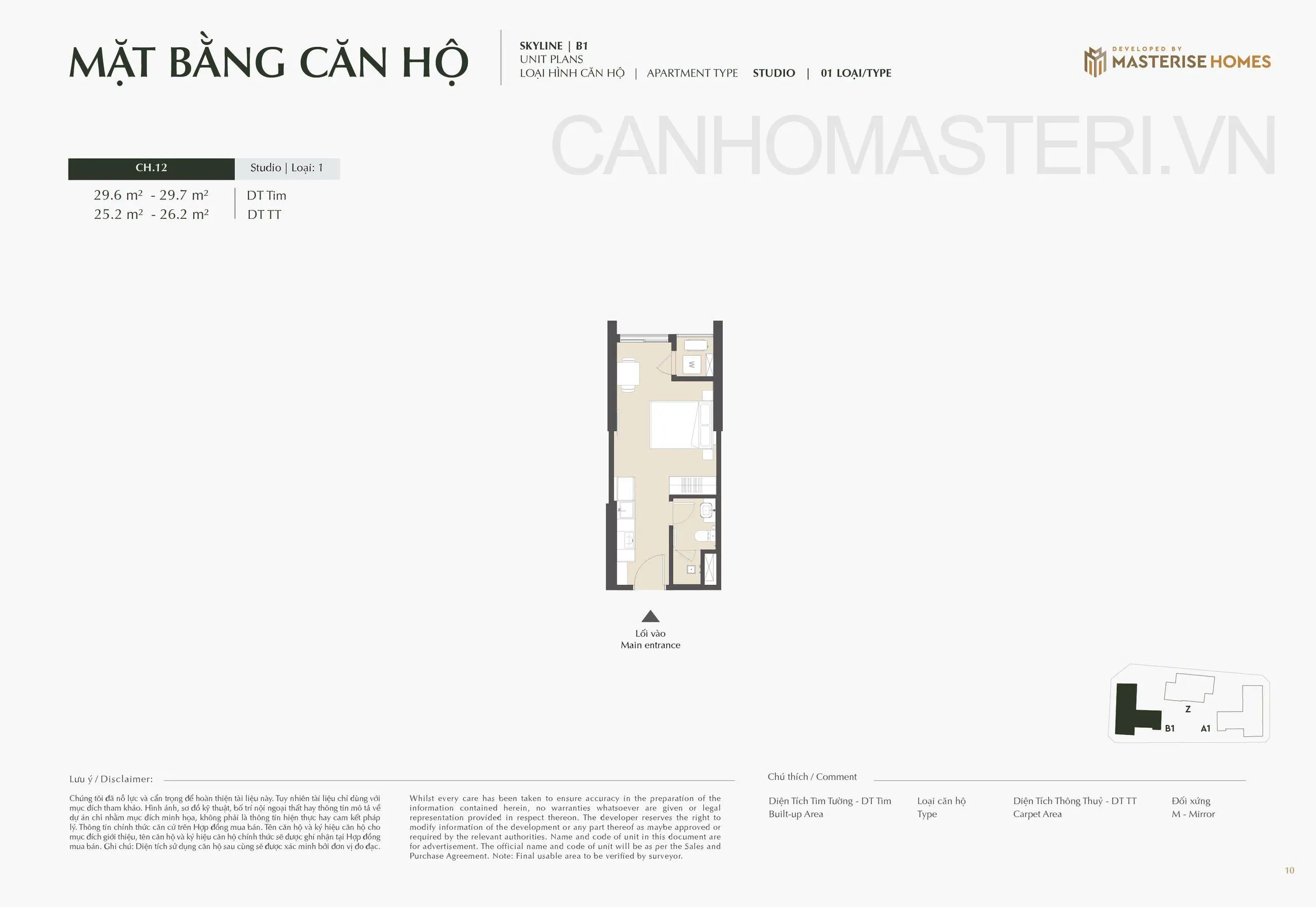Mặt bằng căn hộ STUDIO Tòa B1 Skyline Lumiere Prime Hills