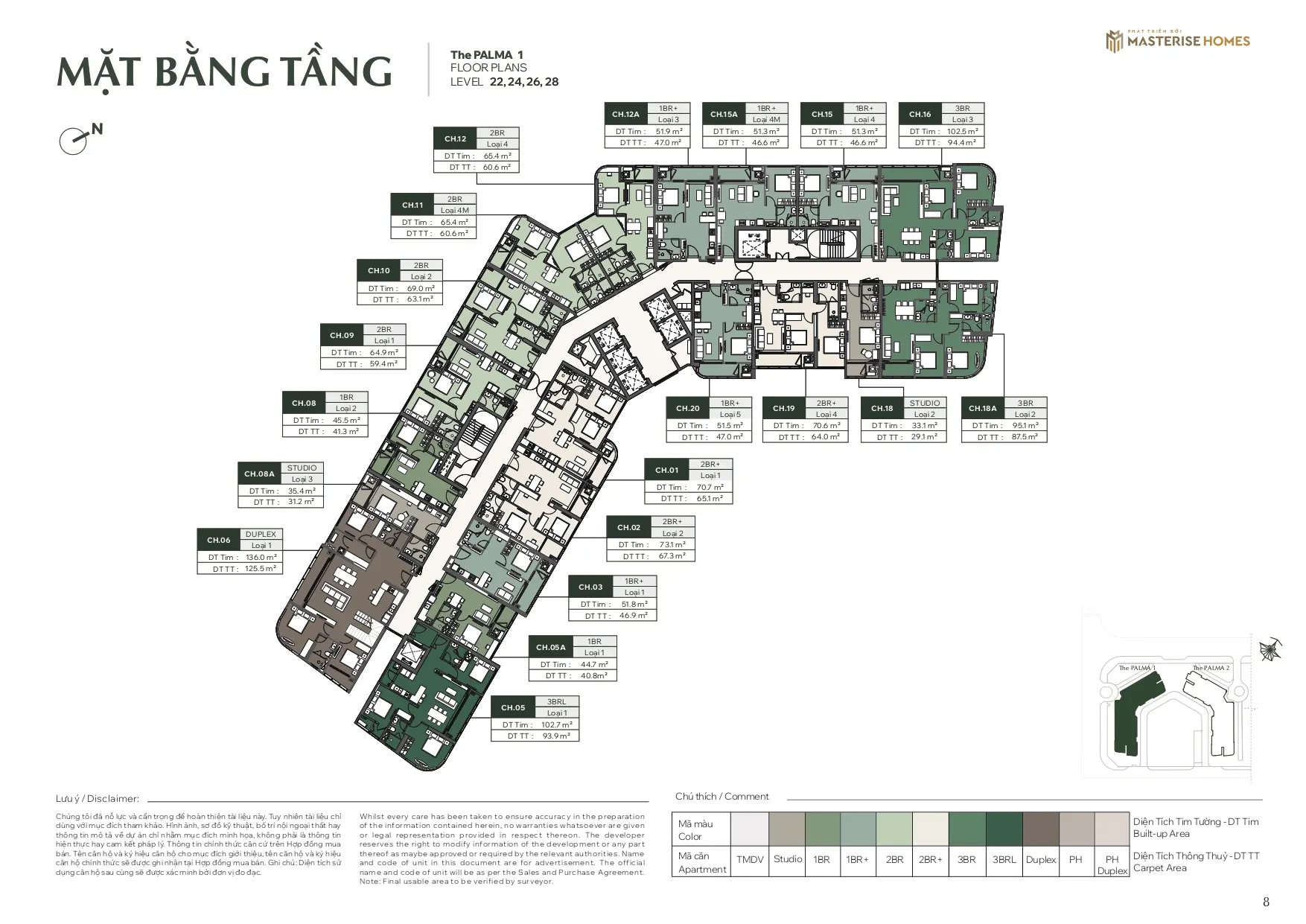 Mặt bằng căn hộ tầng 22, 24, 26, 28 Tòa Palma 1, phân khu The Palma, Dự án Lumiere Orient Pearl