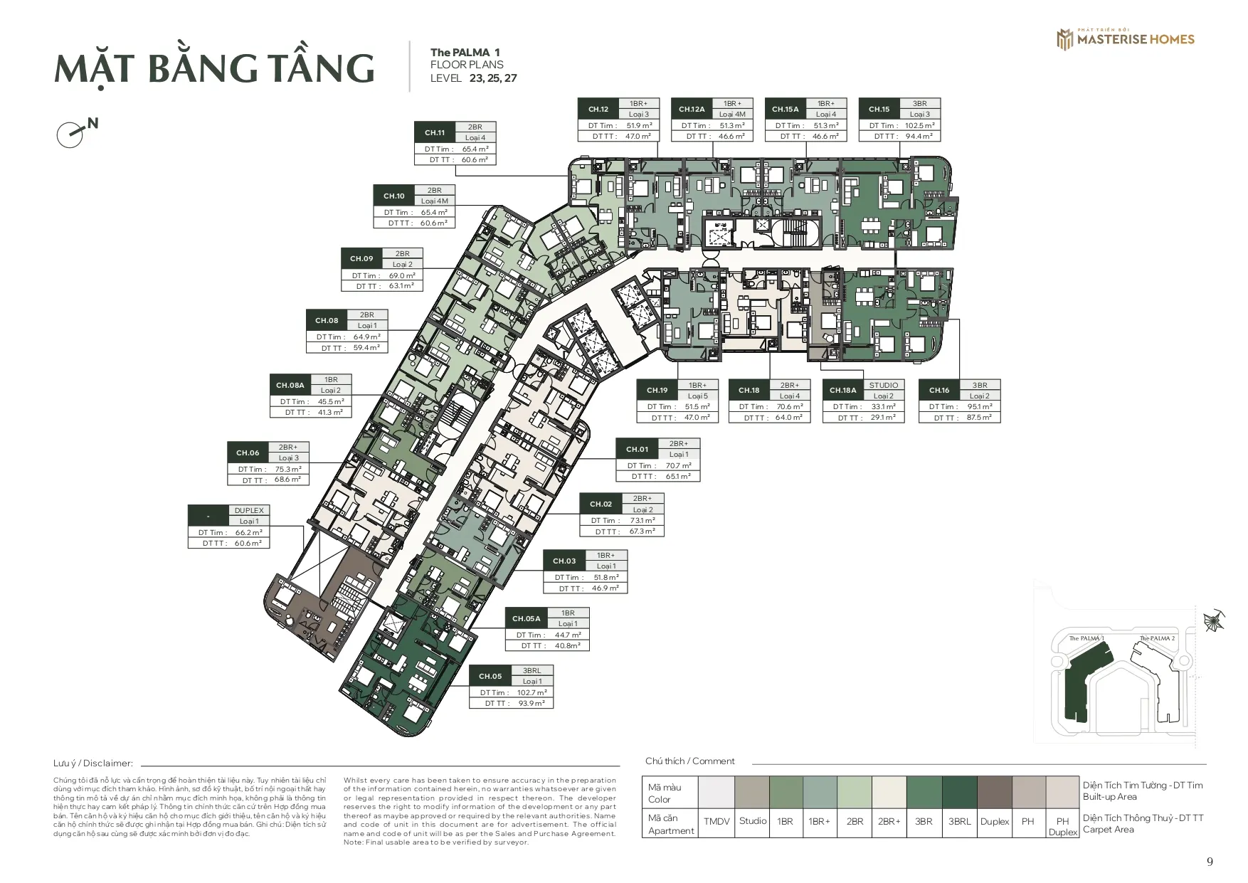 Mặt bằng căn hộ tầng 23, 25, 27 Tòa Palma 1, phân khu The Palma, Dự án Lumiere Orient Pearl
