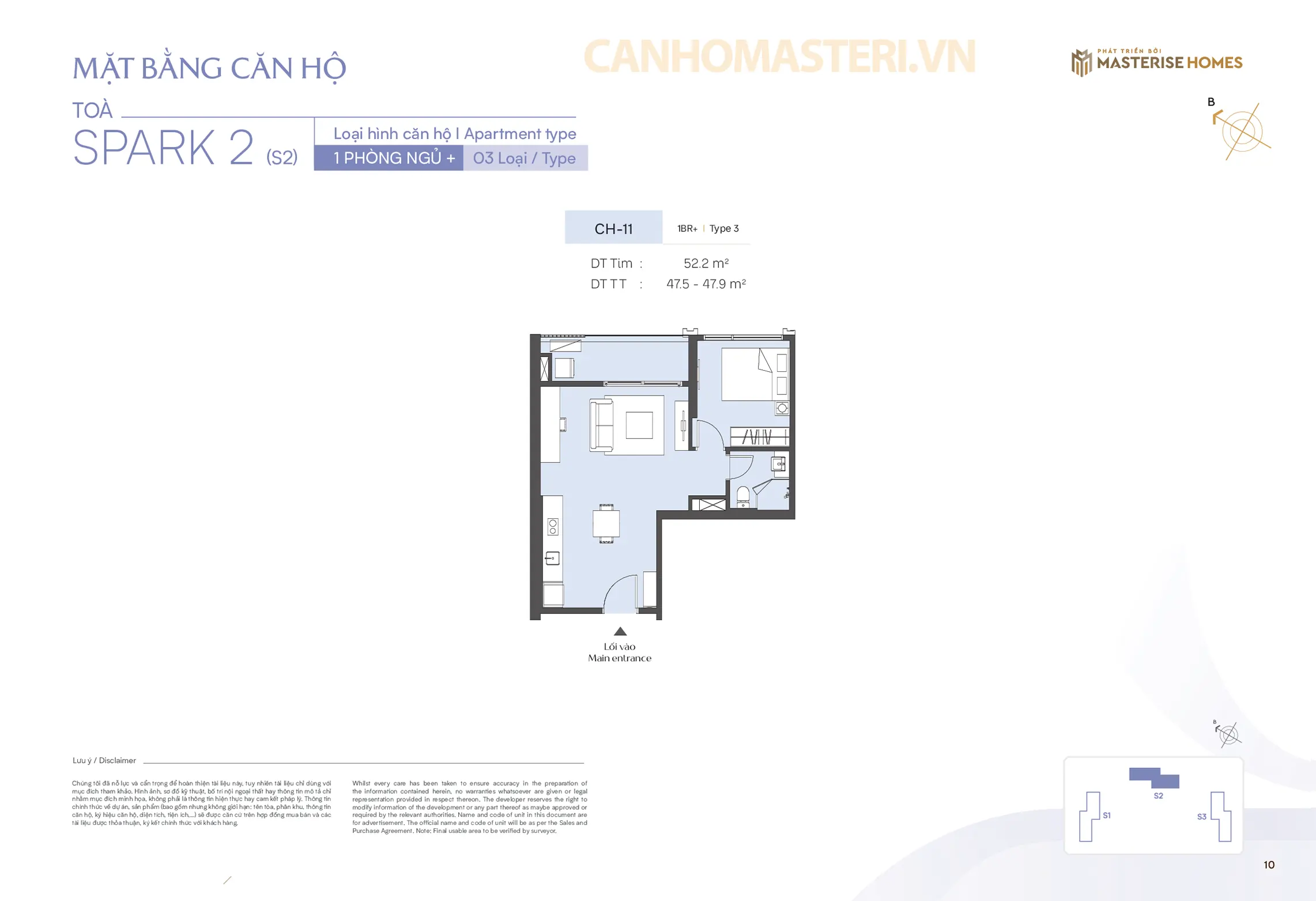 Mặt bằng chi tiết căn hộ 1 Phòng ngủ Tòa Spark 2 Phân khu The Spark Masteri Era Landmark 2