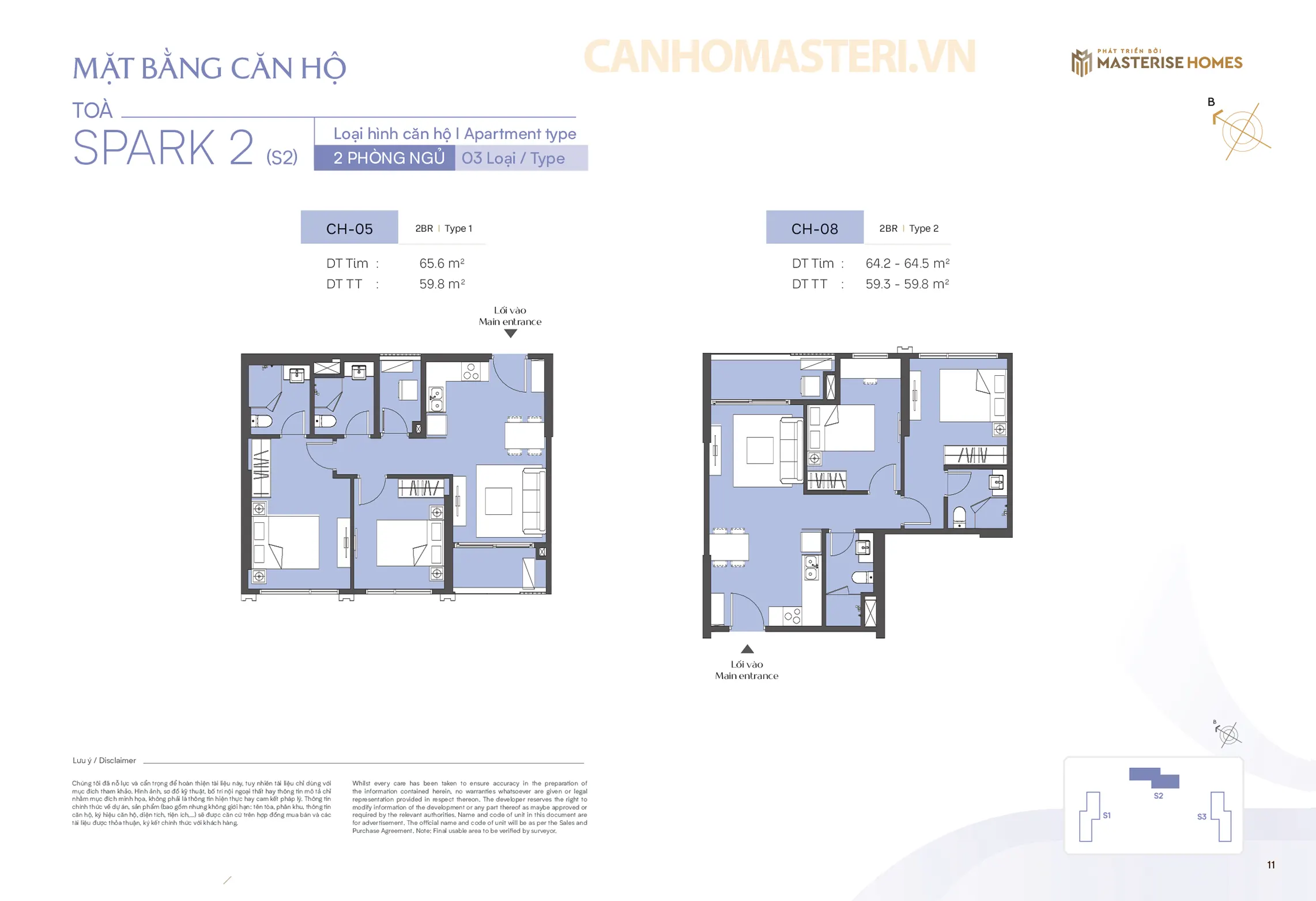 Mặt bằng chi tiết căn hộ 2 Phòng ngủ Tòa Spark 2 Phân khu The Spark Masteri Era Landmark