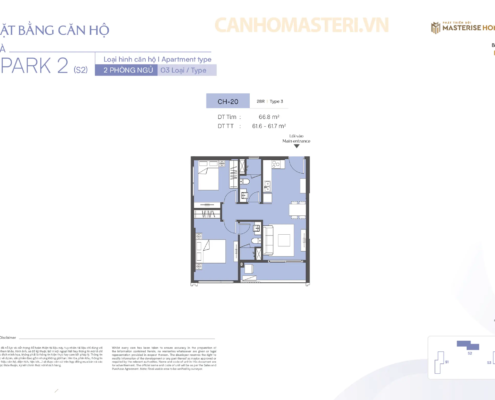Mặt bằng chi tiết căn hộ 2 Phòng ngủ Tòa Spark 2 Phân khu The Spark Masteri Era Landmark 2