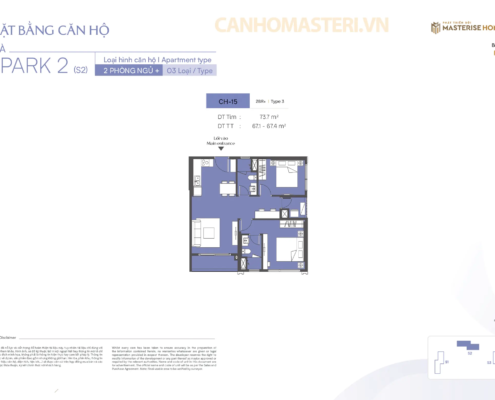 Mặt bằng chi tiết căn hộ 2 Phòng ngủ + Tòa Spark 2 Phân khu The Spark Masteri Era Landmark 2