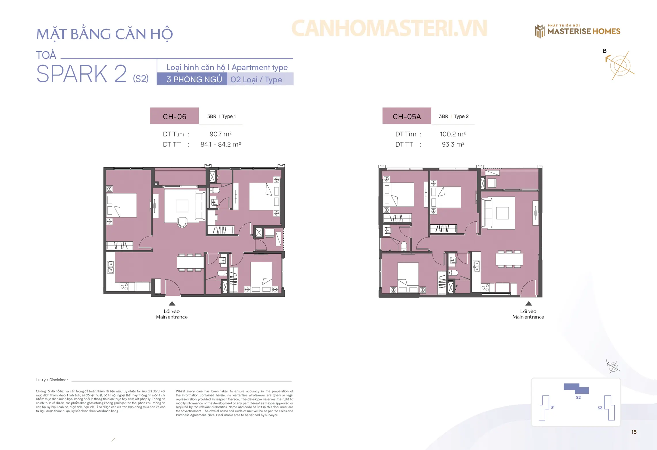 Mặt bằng chi tiết căn hộ 3 Phòng ngủ Tòa Spark 2 Phân khu The Spark Masteri Era Landmark