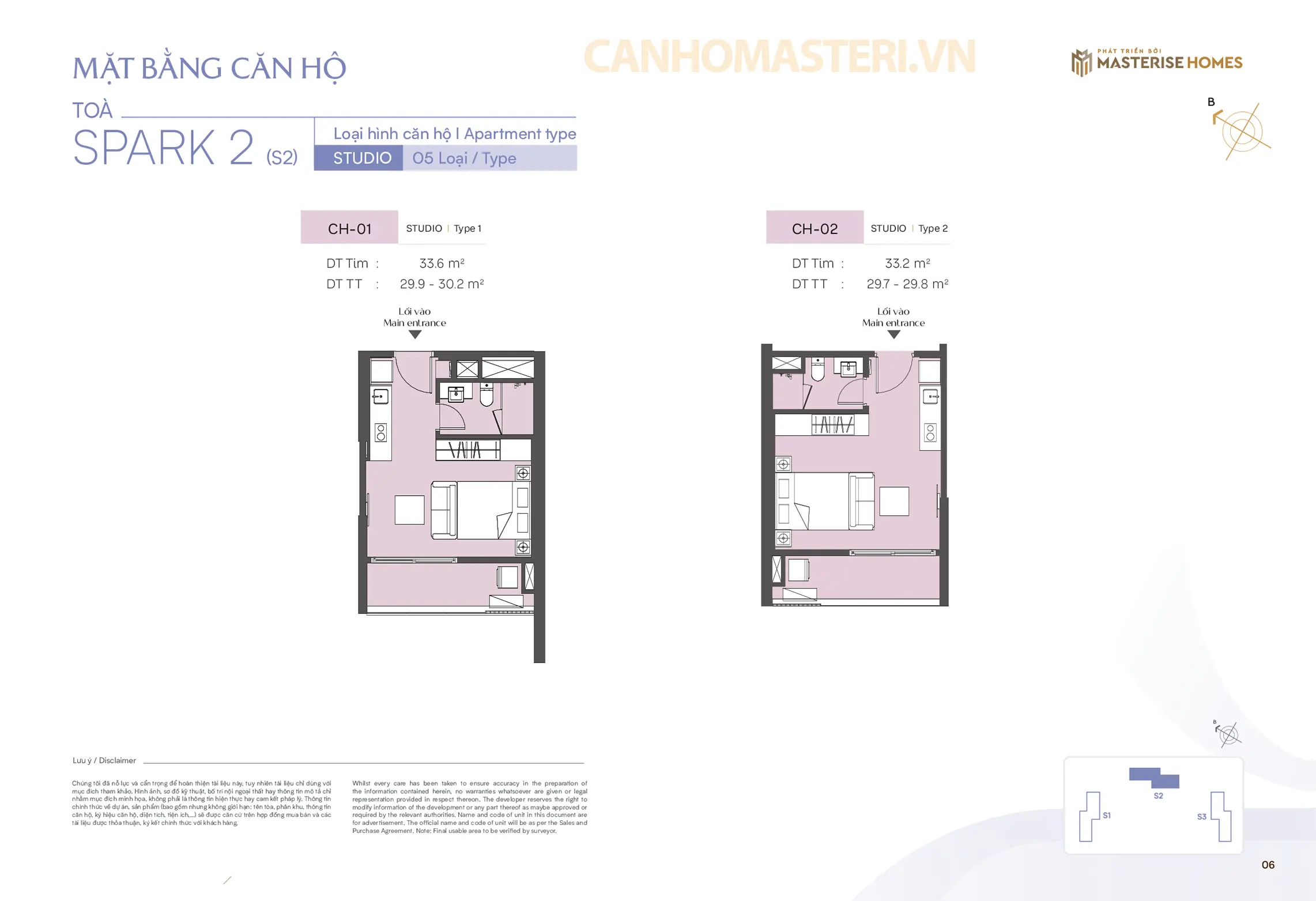 Mặt bằng chi tiết căn hộ Studio Tòa Spark 2 Phân khu The Spark Masteri Era Landmark