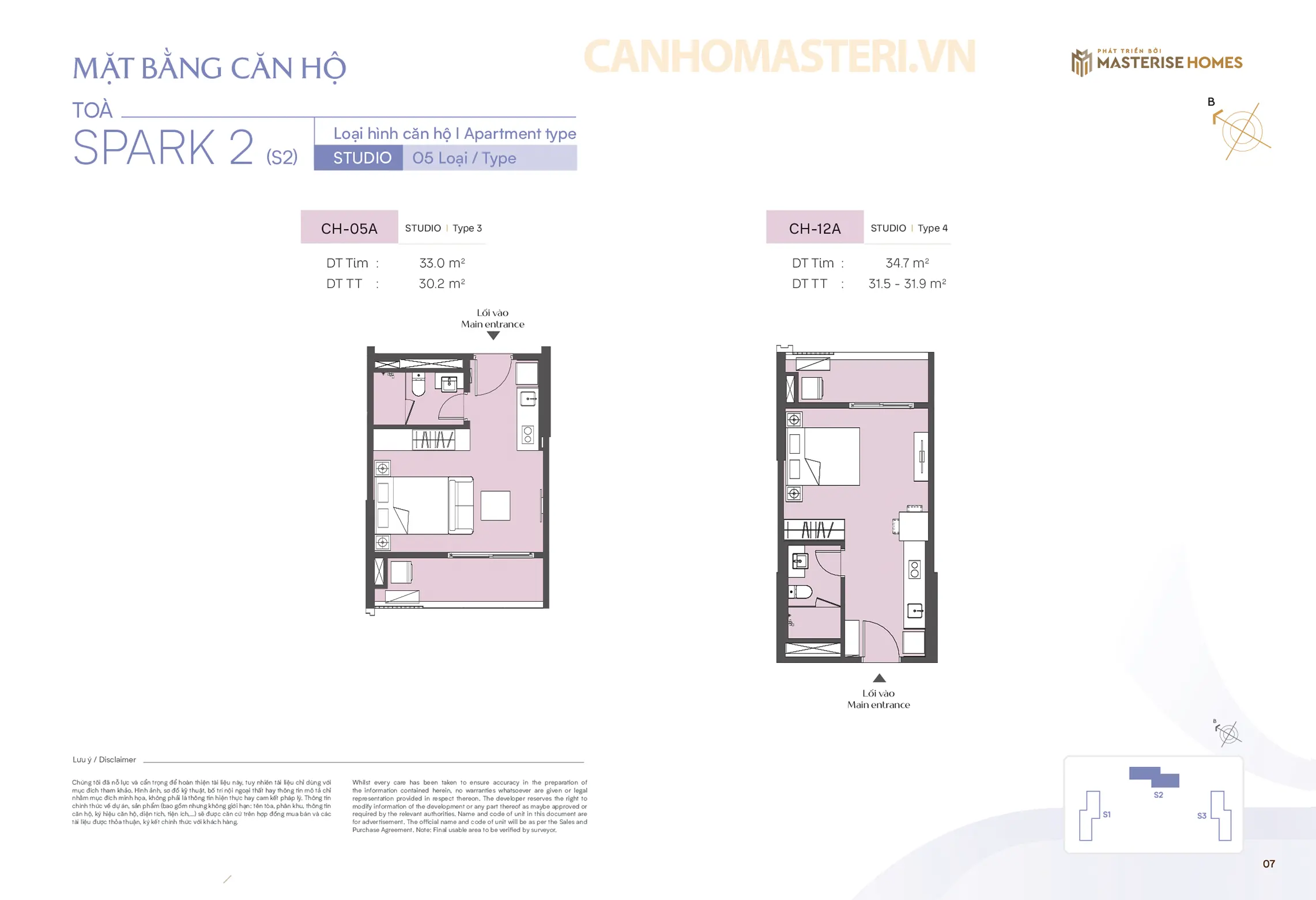 Mặt bằng chi tiết căn hộ Studio Tòa Spark 2 Phân khu The Spark Masteri Era Landmark 2