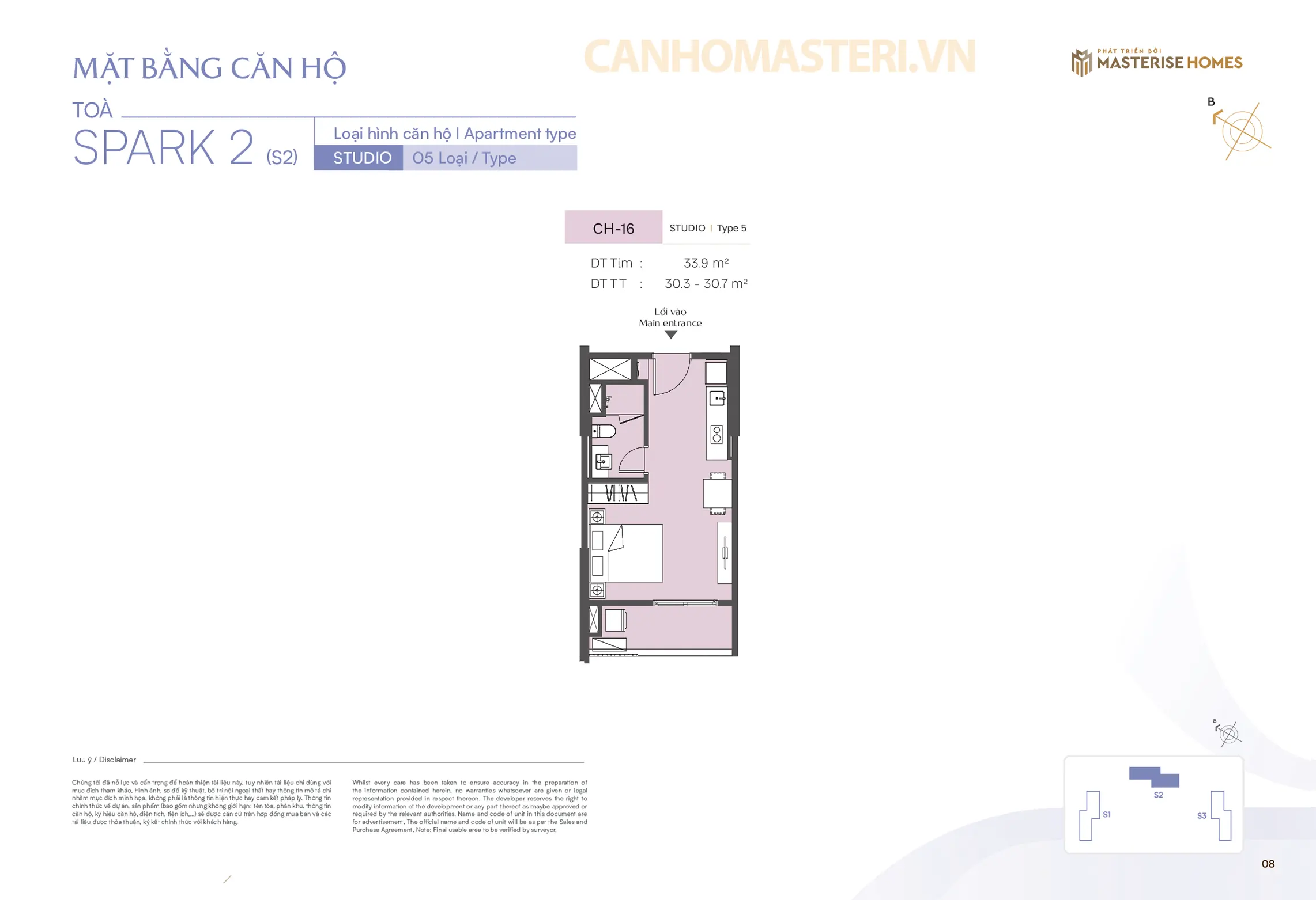 Mặt bằng chi tiết căn hộ Studio Tòa Spark 2 Phân khu The Spark Masteri Era Landmark 3