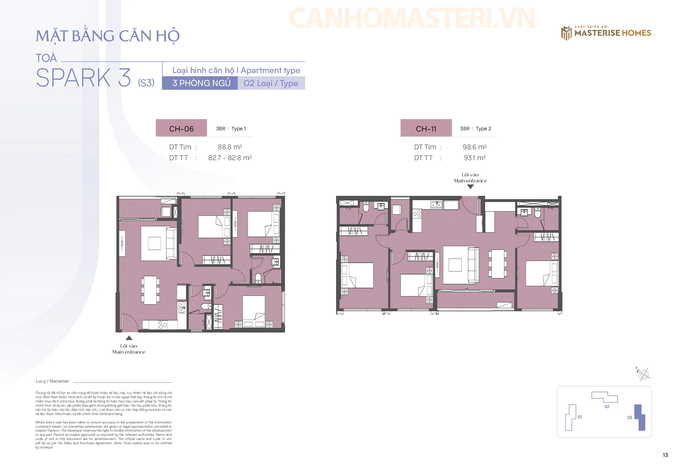 Mặt bằng chi tiết căn hộ 3 Phòng ngủ Tòa Spark 3, Phân khu The Spark, Dự án Masteri Era Landmark