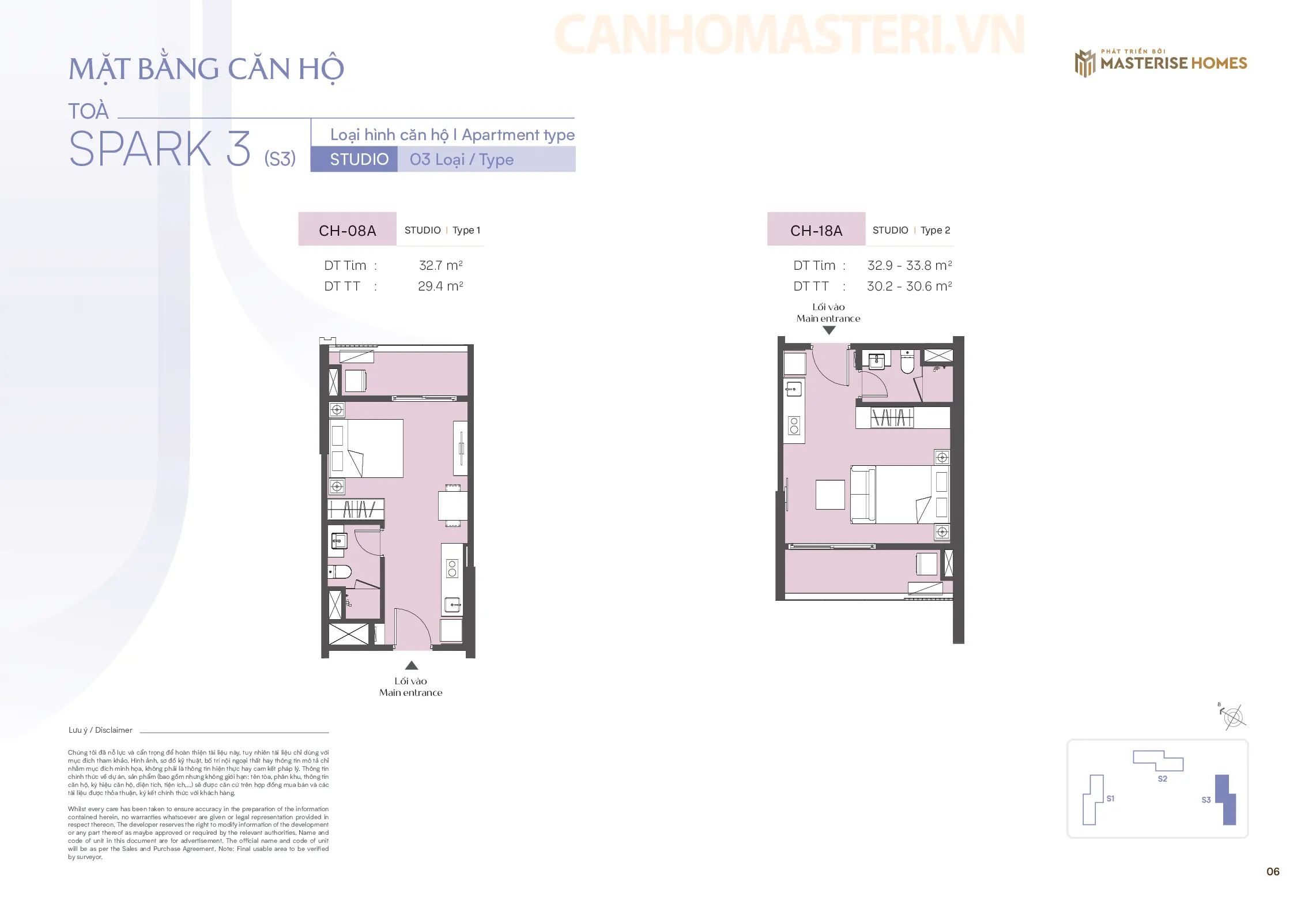 Mặt bằng chi tiết căn hộ Studio Tòa Spark 3, Phân khu The Spark, Dự án Masteri Era Landmark
