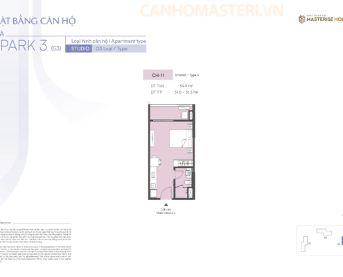 Mặt bằng chi tiết căn hộ Studio Tòa Spark 3, Phân khu The Spark, Dự án Masteri Era Landmark 2