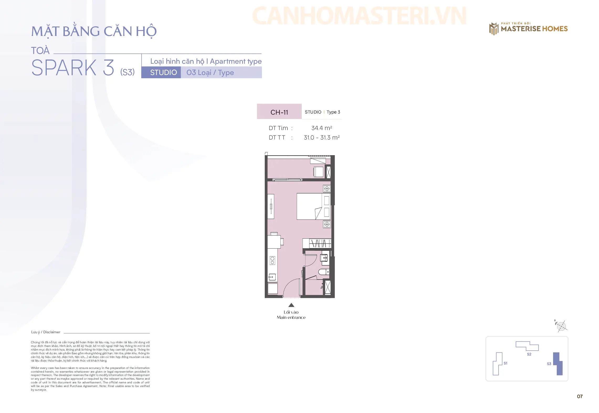 Mặt bằng chi tiết căn hộ Studio Tòa Spark 3, Phân khu The Spark, Dự án Masteri Era Landmark 2