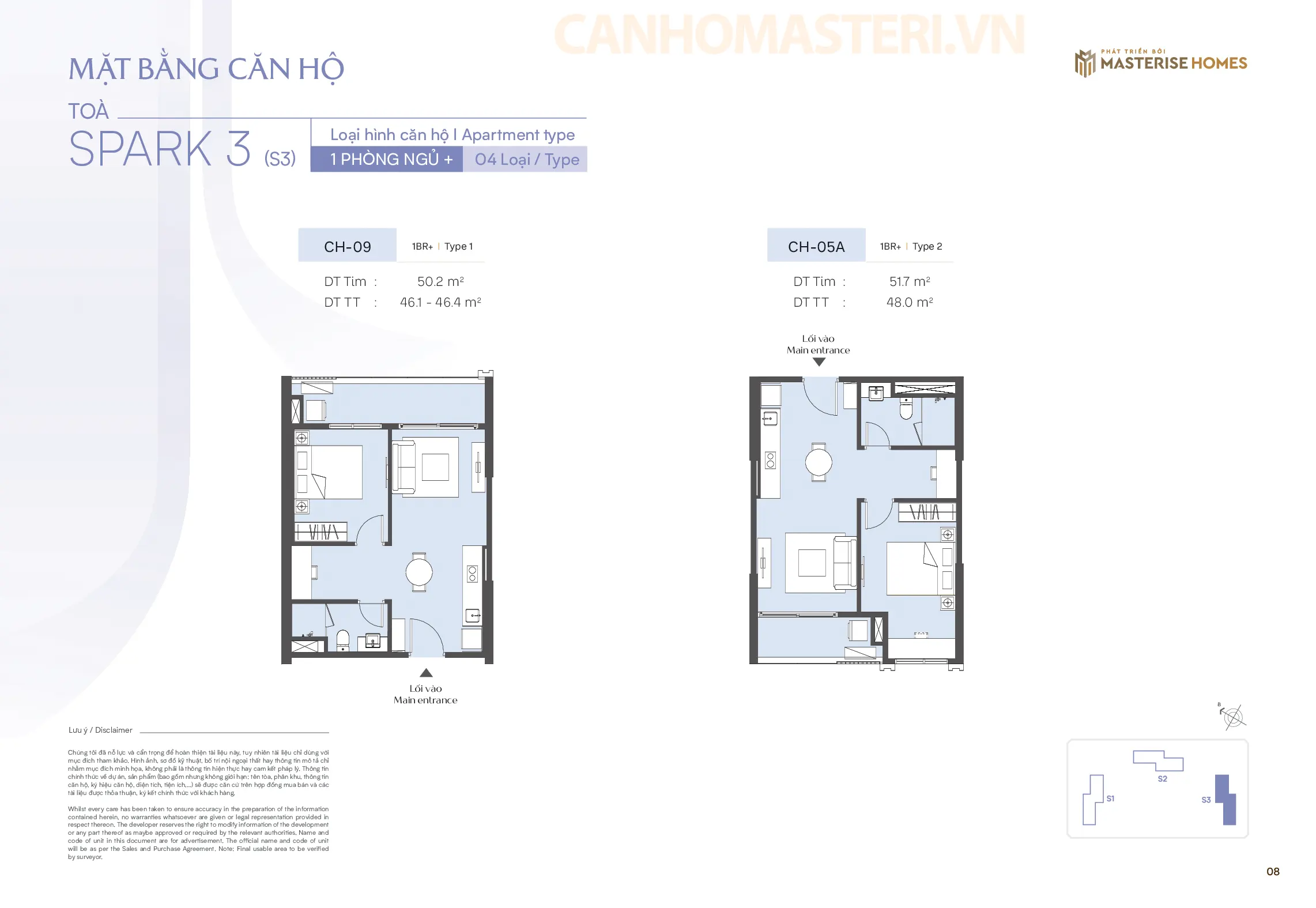 Mặt bằng chi tiết căn hộ 1 Phòng ngủ Tòa Spark 3, Phân khu The Spark, Dự án Masteri Era Landmark