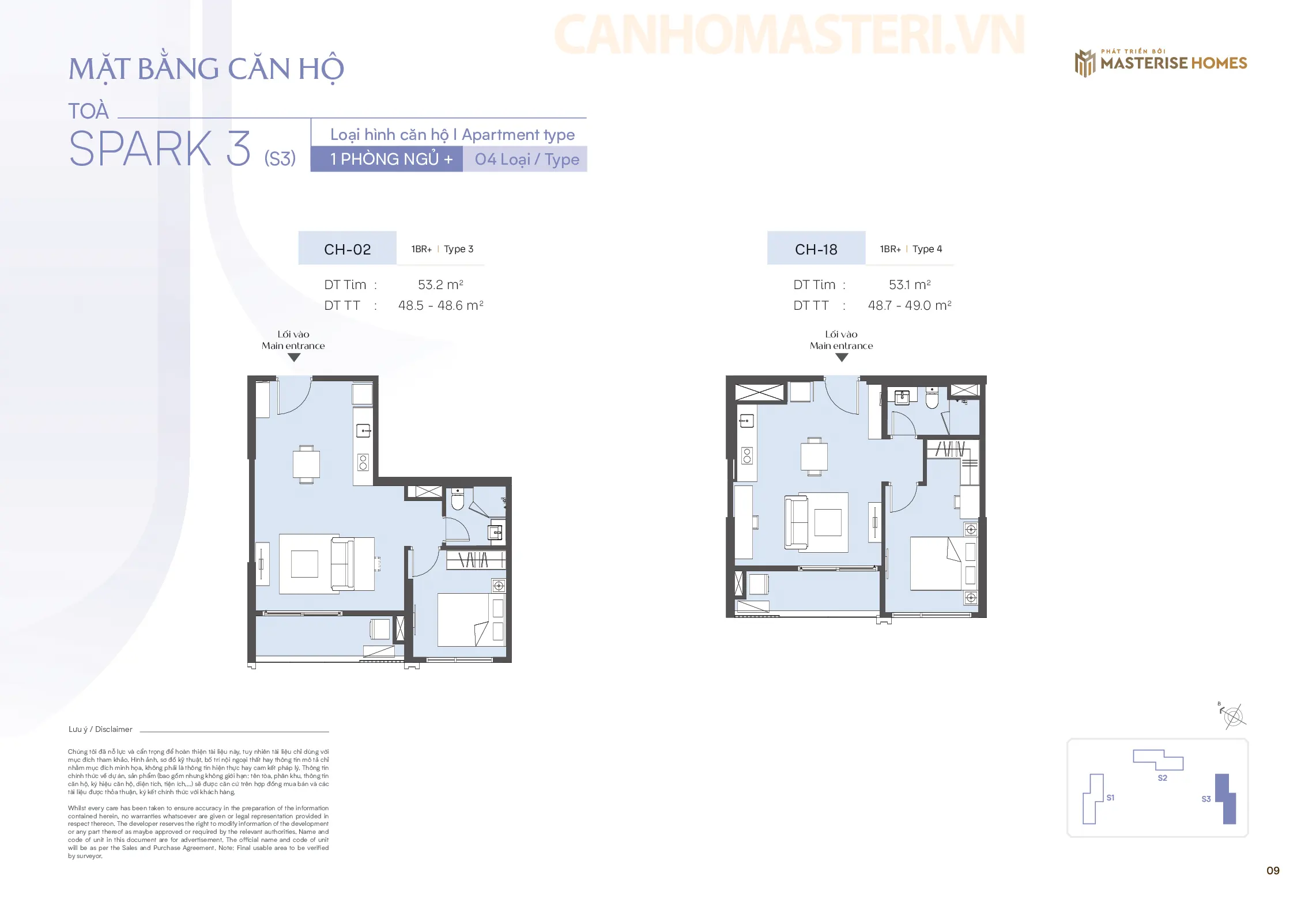 Mặt bằng chi tiết căn hộ 1 Phòng ngủ Tòa Spark 3, Phân khu The Spark, Dự án Masteri Era Landmark 2